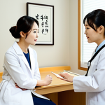 A professional Korean Hanbang doctor, a woman in a modest, modern white coat and professional dress, consults with a female patient, fully clothed in appropriate attire. They are in a serene and brightly lit Hanbang clinic consultation room, featuring clean lines, light wood accents, and subtle traditional Korean artwork. The doctor attentively listens to the patient, showing a professional and compassionate demeanor. The scene emphasizes a holistic approach to wellness. safe for work, appropriate content, family-friendly, perfect anatomy, correct proportions, natural pose, well-formed hands, proper finger count, natural body proportions, professional photography, high quality.