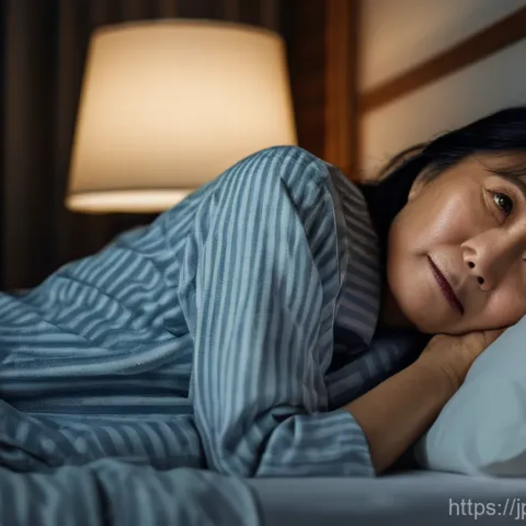 갱년기 불면증 한방치료 효과 - **Prompt:** A mature Japanese woman, approximately in her late 40s to early 50s, lies awake in bed i...