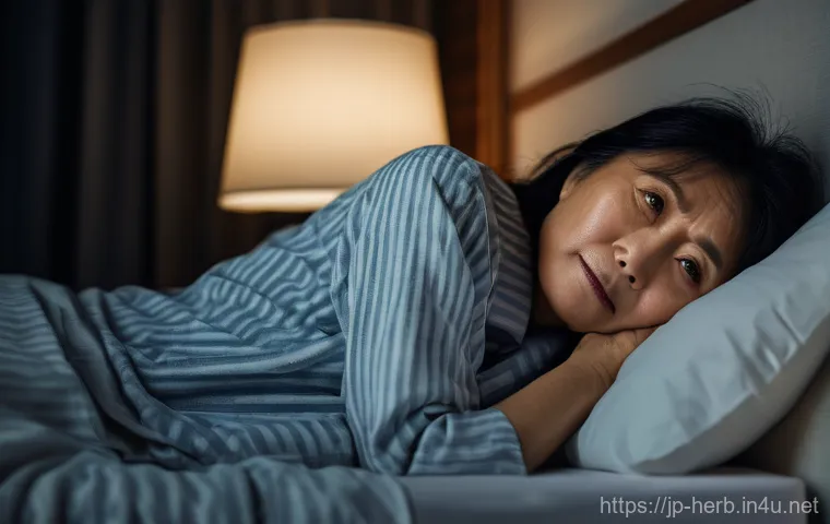 갱년기 불면증 한방치료 효과 - **Prompt:** A mature Japanese woman, approximately in her late 40s to early 50s, lies awake in bed i...