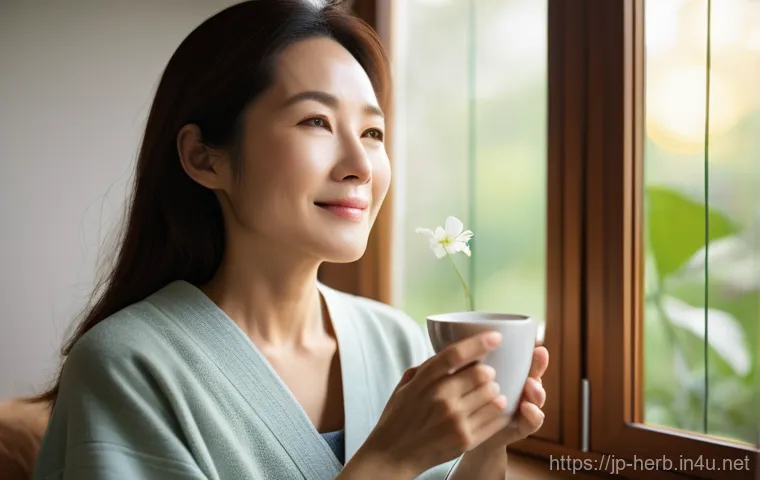 갱년기 불면증 한방치료 효과 - **Prompt:** A mature Japanese woman, approximately in her late 40s to early 50s, lies awake in bed i...