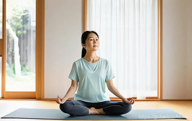 갱년기 불면증 한방치료 효과 - **Prompt:** A serene Japanese woman, in her late 40s to early 50s, holds a warm cup of herbal tea or...