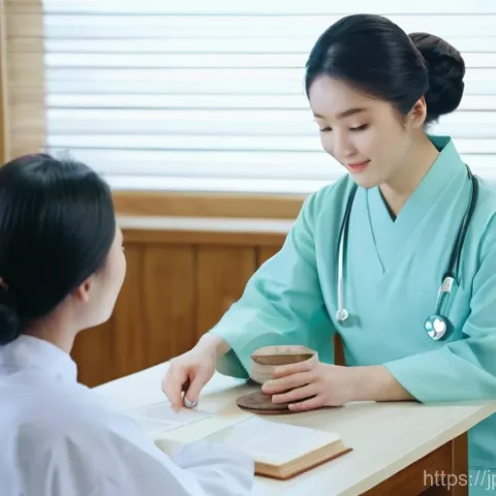 한방병원에서 사용하는 약재 - **Prompt 1: Personalized Hanbang Consultation in a Traditional Clinic**
    "A serene and compassion...