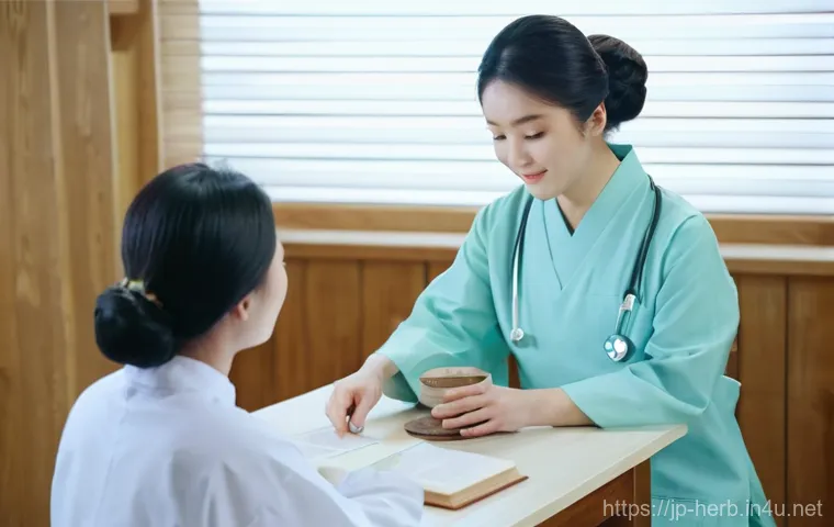 한방병원에서 사용하는 약재 - **Prompt 1: Personalized Hanbang Consultation in a Traditional Clinic**
    "A serene and compassion...
