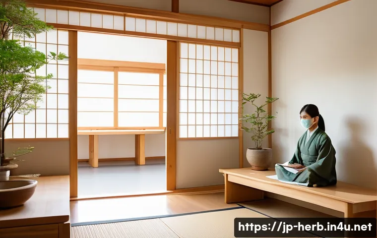 한방병원 진료 절차 - A serene and modern Kampo (traditional Japanese herbal medicine) clinic waiting room designed with n...