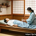 교통사고 입원비 한방병원 비용 - A modern Japanese hospital room scene showing a patient receiving traditional Kampo herbal medicine ...