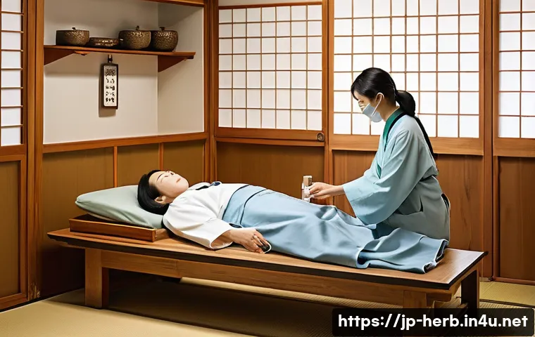 교통사고 입원비 한방병원 비용 - A modern Japanese hospital room scene showing a patient receiving traditional Kampo herbal medicine ...