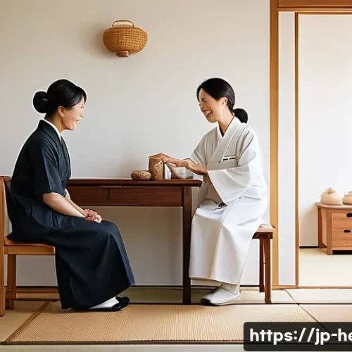 한방병원 감기 치료 후기 - A serene scene inside a modern Japanese Kampo clinic consultation room, featuring a middle-aged Japa...