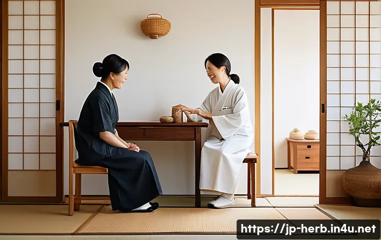 한방병원 감기 치료 후기 - A serene scene inside a modern Japanese Kampo clinic consultation room, featuring a middle-aged Japa...
