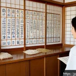 어깨 결림 한방치료 사례 - A serene Japanese herbal medicine clinic interior with a traditional wooden counter displaying vario...