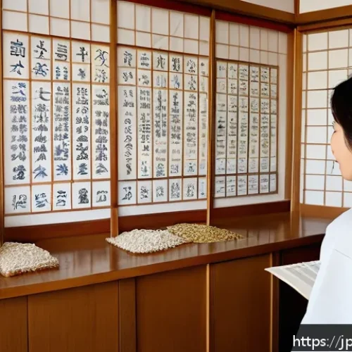 어깨 결림 한방치료 사례 - A serene Japanese herbal medicine clinic interior with a traditional wooden counter displaying vario...