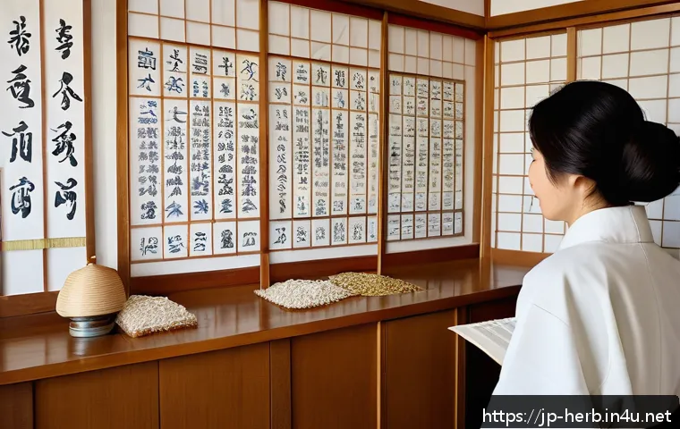 어깨 결림 한방치료 사례 - A serene Japanese herbal medicine clinic interior with a traditional wooden counter displaying vario...