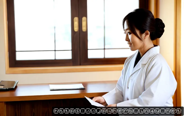 허리통증 한방치료 비용 - Photorealistic Japanese traditional wellness clinic consultation, middle-aged Japanese woman in mode...