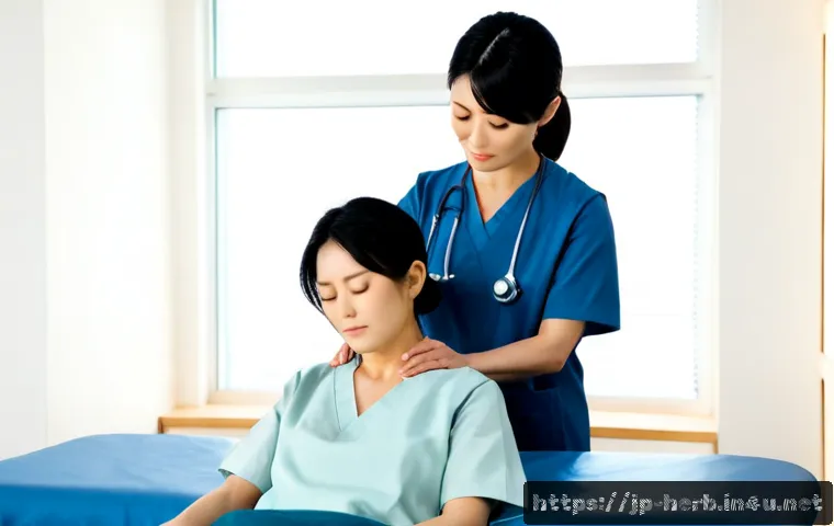 편두통 추나요법 사례 - Photorealistic Japanese wellness clinic, a fully clothed adult woman experiencing a migraine resting...